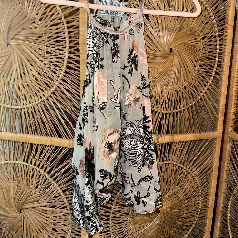 Floral Halter Tank Top - Pink, Black & Cream